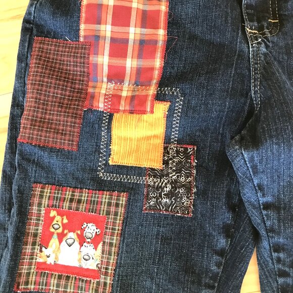 Upcycled Patchwork Jeans: Boho Distressed Denim with Puppies, Size 12 Short - Picture 8 of 13